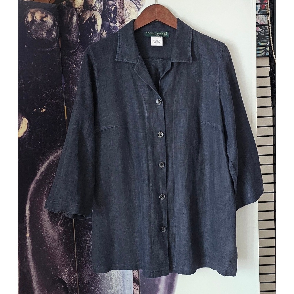 Harve Benard 100% Linen Button Down Shirt Charcoal Gray 14W 3/4 Sleeve 59W 9427